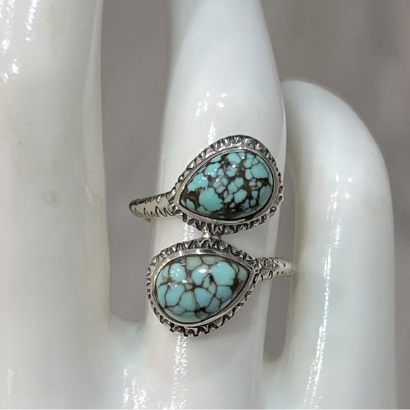 Blue Moon Turquoise Teardrop Black Oxidized Sterling Silver Bypass Silver Ring - Picture 5 of 9